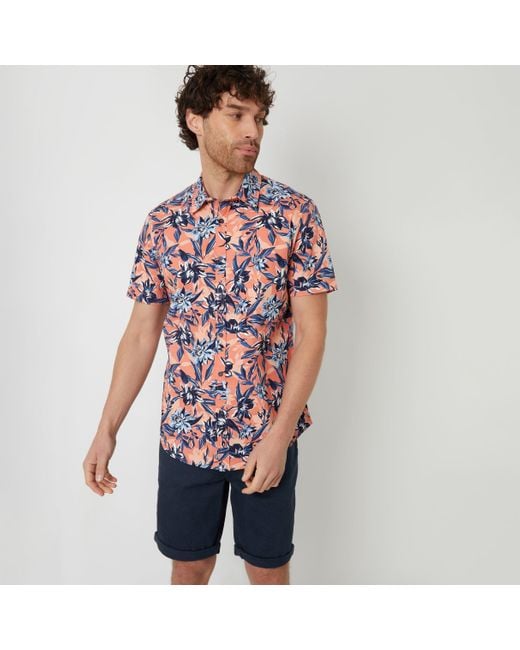 Threadbare Red Cotton Floral Print Short Sleeve Shirt for men