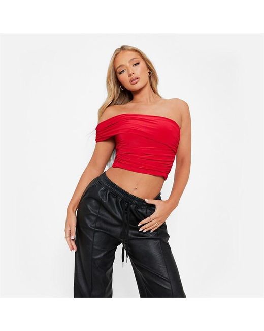 I Saw It First Red One Shoulder Drape Double Laye Crop Top