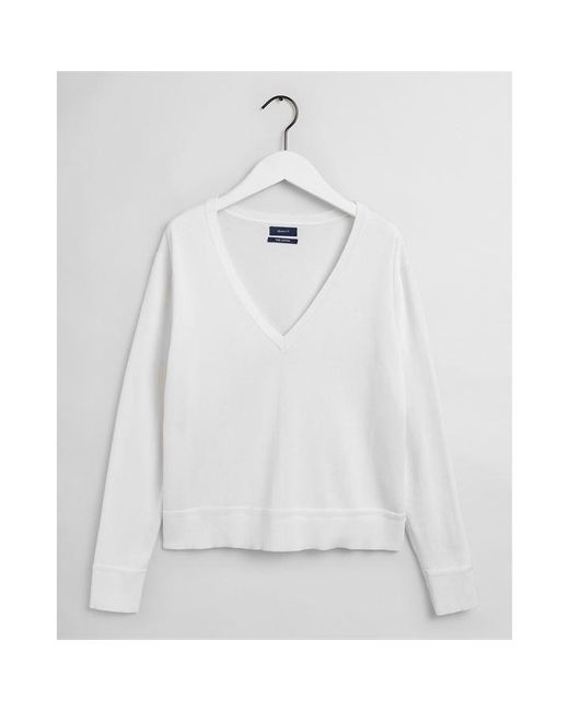 Gant White V-neck Cotton Knitted Sweater