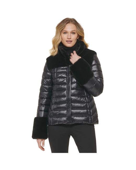 DKNY Black Faux Fur Trim Puffer Jacket