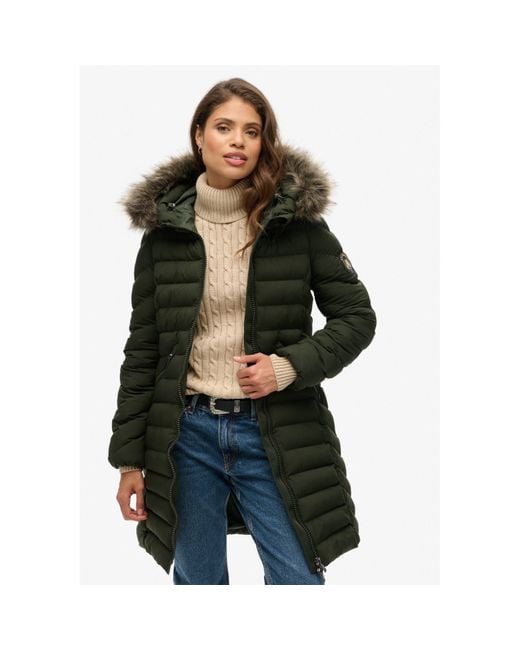 Superdry Green Fuji Faux Fur Hood Mid Length Puffer Coat