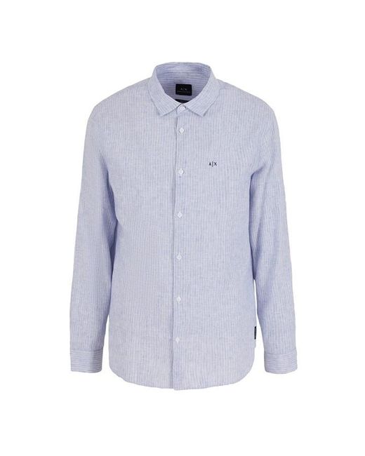 Armani Exchange Blue Stripe Linen Long Sleeve Shirt for men