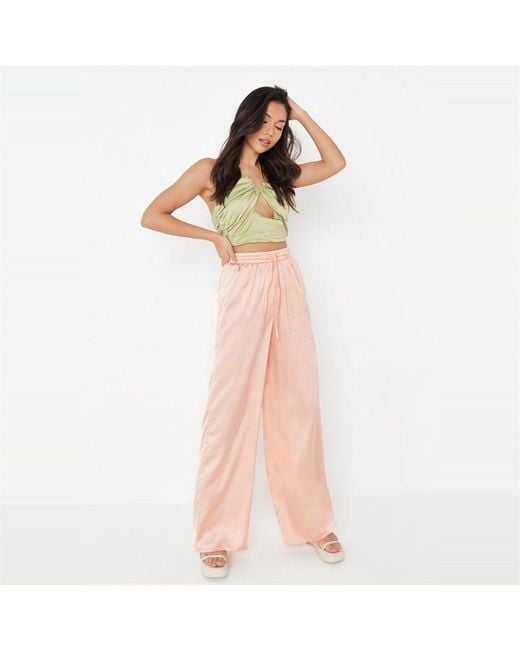 Missguided Pink Wide Leg Satin Trousers