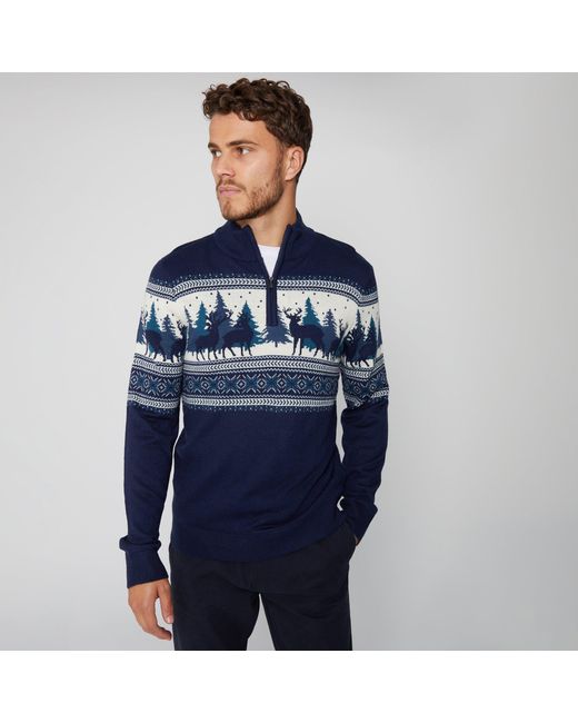 Threadbare Blue Quarter Zip Christmas Knitted Jumper for men