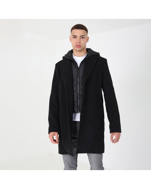 Brave Soul Black Single Breasted Double Layer Hooded Overcoat for men