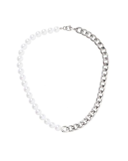 Fabric Metallic Faux Pearl Chain Necklace for men