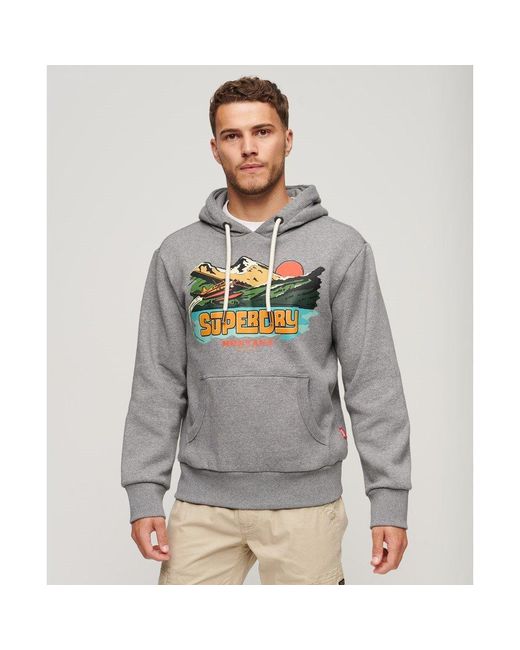 Superdry Gray Travel Postcard Graphic Hoodie for men