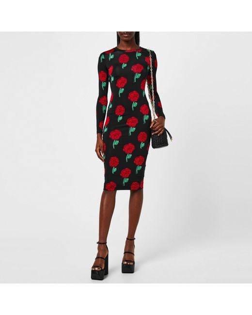 Versace Jeans Couture Red Rose Print Midi Dress