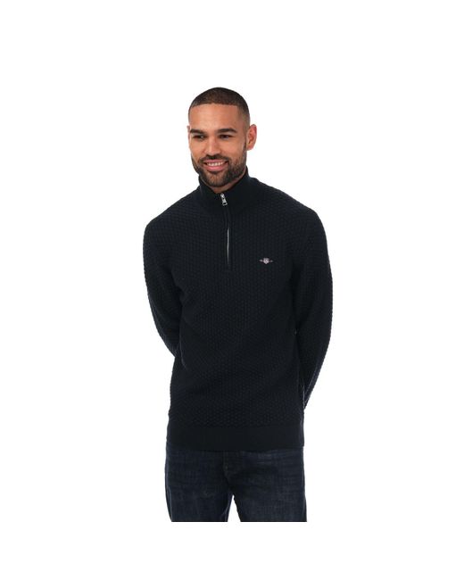 Gant Black Textured Cotton Half Zip Jumper for men