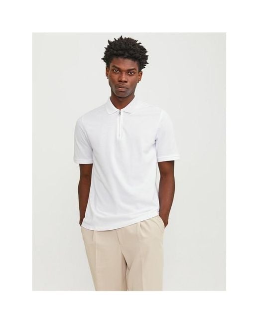 Jack & Jones White Mac Zip Collar Short Sleeve Polo Shirt for men