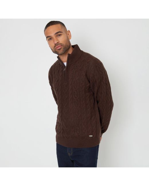 Threadbare Brown Cable Knit Quarter Zip Jumper With Wool for men