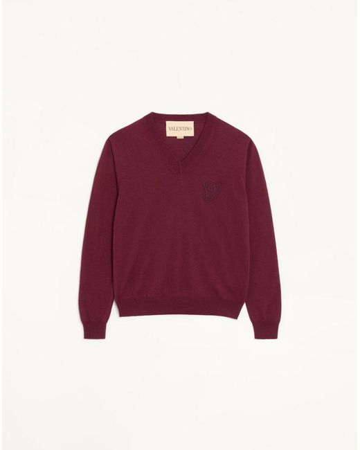 Valentino Red V-Neck Wool Jumper With Vg Embroidery for men