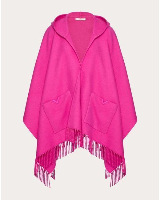 Valentino Garavani Pink V Detail Wool And Cashmere Poncho With Hood And Metal V Appliqué