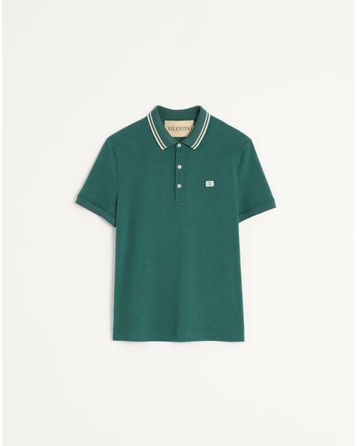 Valentino Green Cotton Piqué Polo Shirt With Vlogo Patch for men