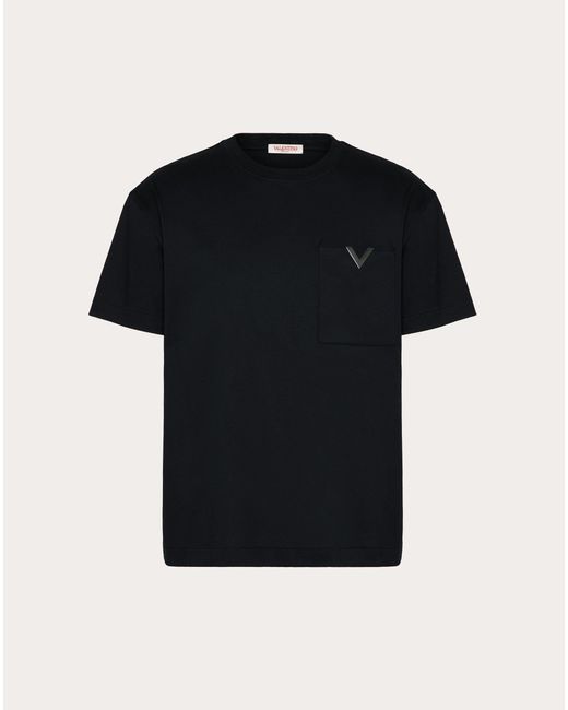 Valentino BAUMWOLL-T-SHIRT MIT V-DETAIL IN METALLIC in Black für Herren