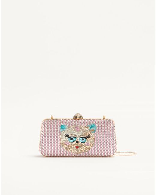 Valentino Garavani White Carry Secrets Minaudiere With Le Chat De La Maison Rhinestone Motif