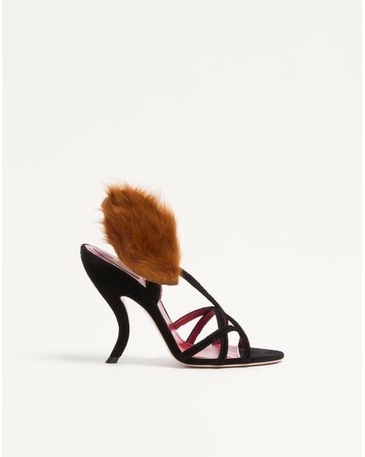 Valentino Garavani White Fetishique Velvet Sandal With Fur Leaf 105 Mm 35