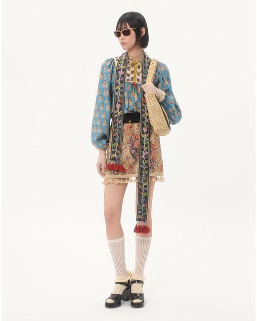 Valentino Blue Oberteil Aus Baumwolle Und Lurex Mit Besticktem Petales D'Amour-Print Frau