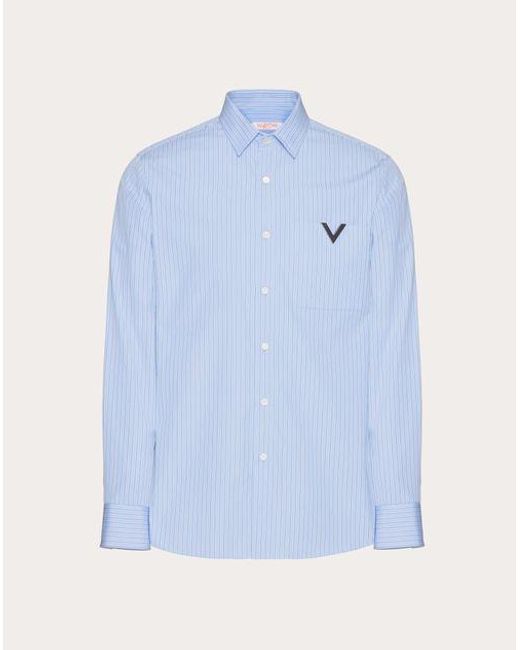 Valentino Blue Cotton Poplin Shirt With Metallic V Detail for men