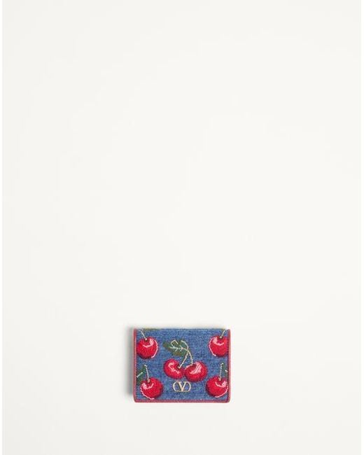 Valentino Garavani White Vlogo Signature Denim Wallet With Cherryfic Embroidery