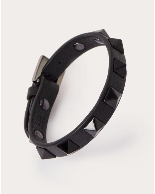 Valentino Garavani Black Rockstud Bracelet In Leather And Metal for men