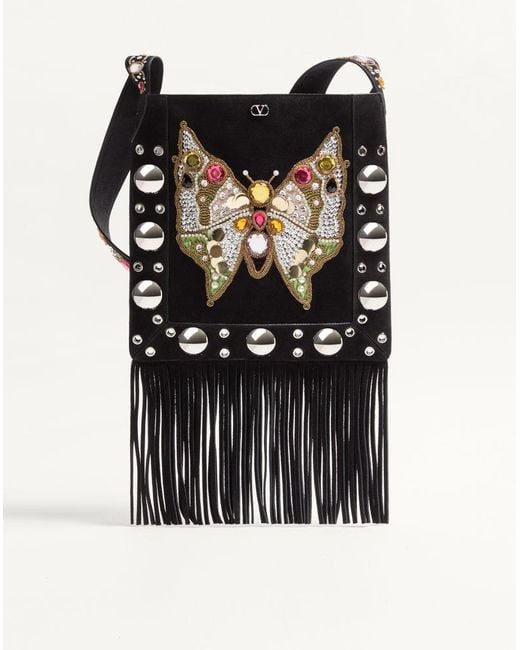 Valentino Garavani Black Nellcôte Embroidered Shoulder Bag With Fringes