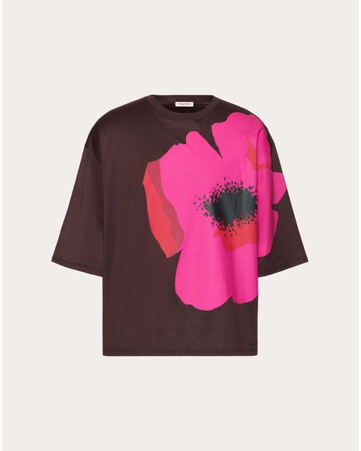 Valentino Pink Mercerised Cotton T-shirt With Flower Portrait Print for men