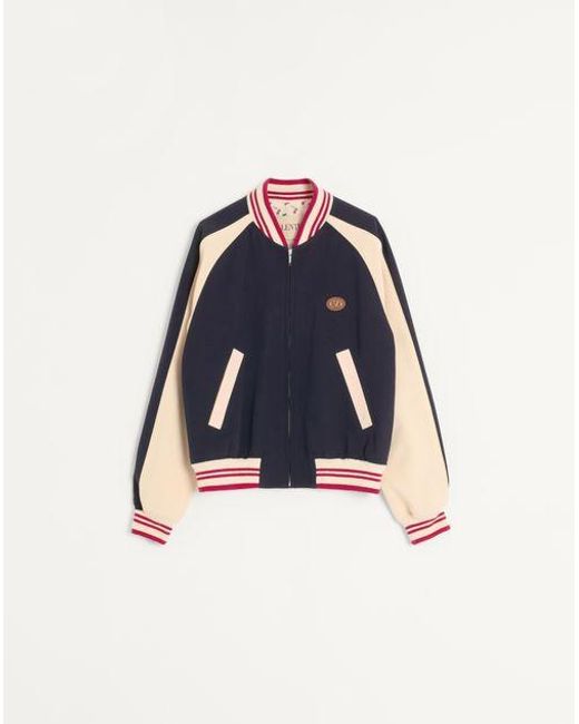 Valentino Blue Wool And Cotton Bomber Jacket With Vlogo And Le Chat De La Maison Patch for men