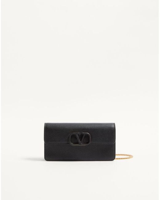 Valentino Garavani White Vlogo Signature Grainy Calfskin Wallet With Chain
