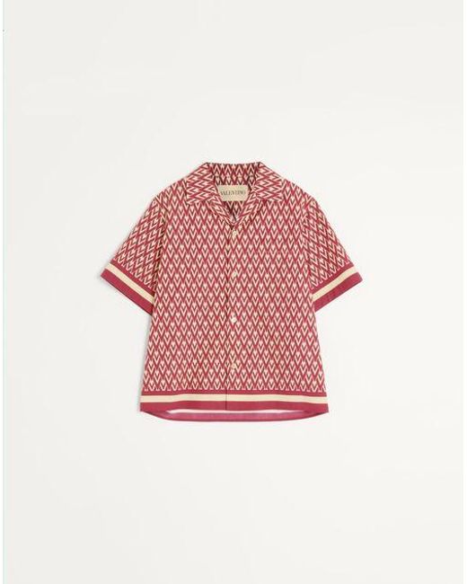 Valentino Pink Cotton Popeline Bowling Shirt With Toute La V Print for men