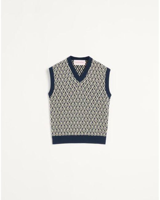 メンズ Valentino オールオーバー トゥッ卜 ラ V ジャカードパターン ウール ベスト おとこ ネイビー/クリーム Blue