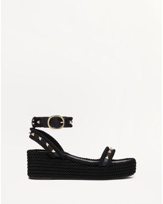 Valentino Garavani Black Rockstud Flatform Sandal