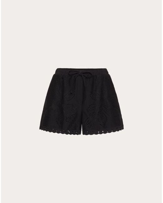 Valentino Black Shorts In Cotton Guipure Jardin Plat