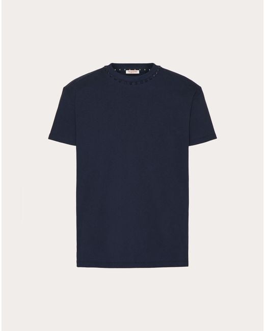 Valentino Blue Cotton Crewneck T-shirt With Black Untitled Studs for men