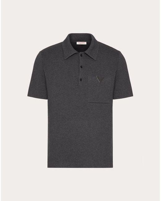 Valentino Black Stretch Cotton Polo Shirt With Metallic V Detail for men