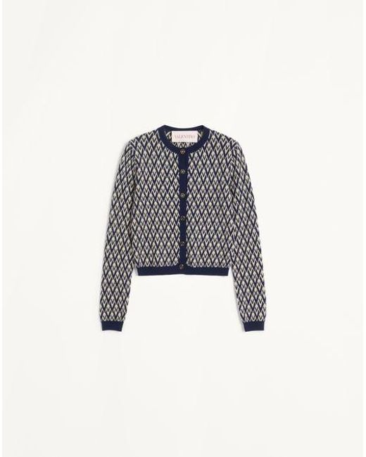 Valentino Blue Wool Cardigan With Toute La V Jacquard Pattern