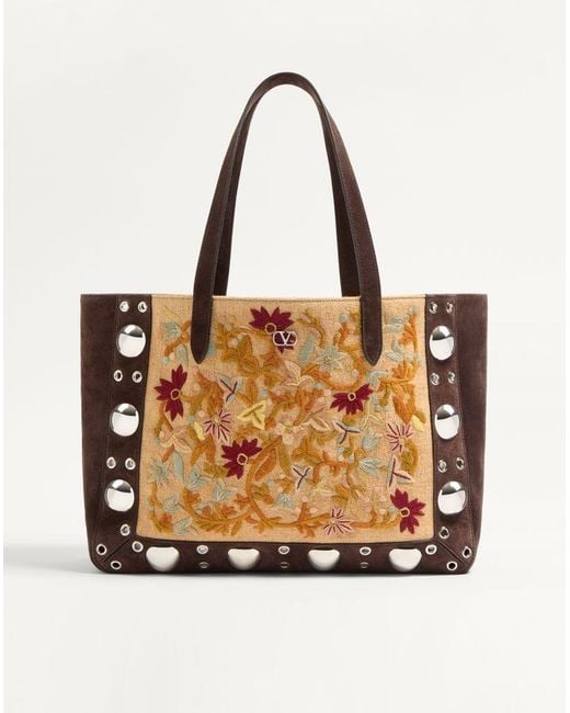 Valentino Garavani Natural Nellcôte Medium Embroidered Shopping Bag