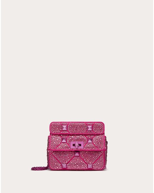 Valentino Garavani Pink Small Roman Stud The Shoulder Bag Chain With Sparkling Embroidery