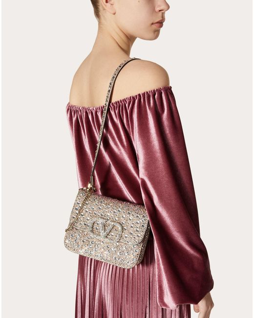 Valentino Small Vsling Shiny Calfskin Shoulder Bag With Crystal Embellishments Lyst