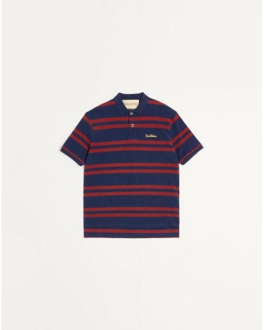 Valentino Blue Cotton Piqué Polo Shirt With Chez Embroidery for men