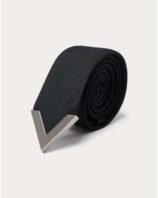 Valentino Garavani Black Wool And Silk Valentie Tie With Metal V Appliqué for men