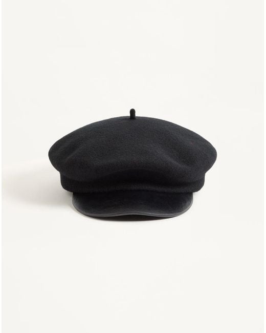 Valentino Garavani Black Vlogo Signature Wool Beanie With Leather Visor