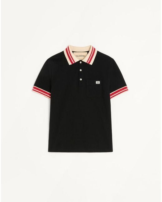 Valentino Black Cotton Piqué Polo Shirt With Vlogo Patch for men