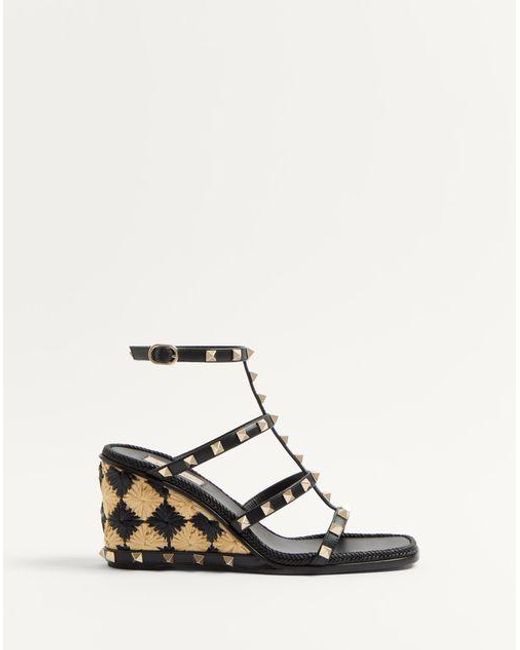 Valentino Garavani White Rockstud Calfskin Wedge Sandal With Check Embroidery 80Mm