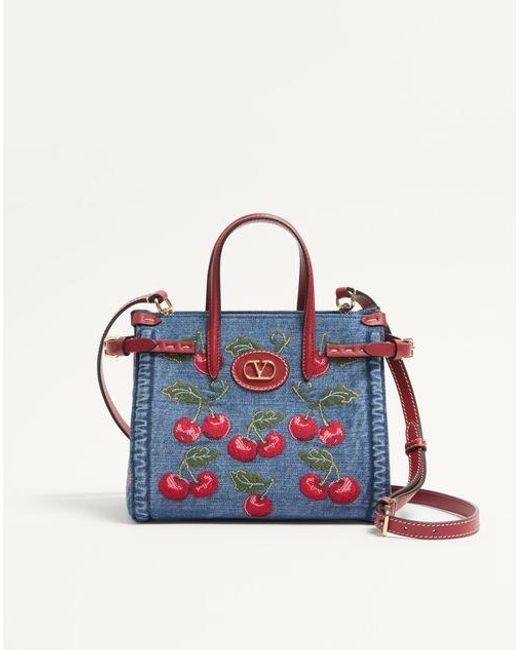 Valentino Garavani Blue Antibes Small Denim Shopping Bag With Cherryfic Embroidery