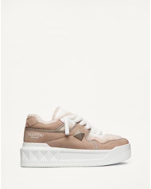 Valentino Garavani Natural One Stud Xl Nubuck And Wool Sneaker