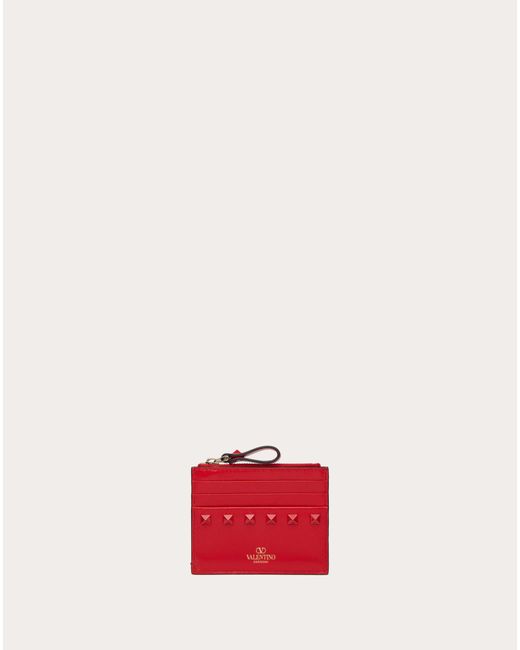 Valentino Garavani Red Rockstud Calfskin Cardholder With Zip