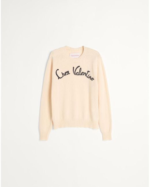 Valentino Natural Wool Crewneck Jumper With Chez Embroidery for men