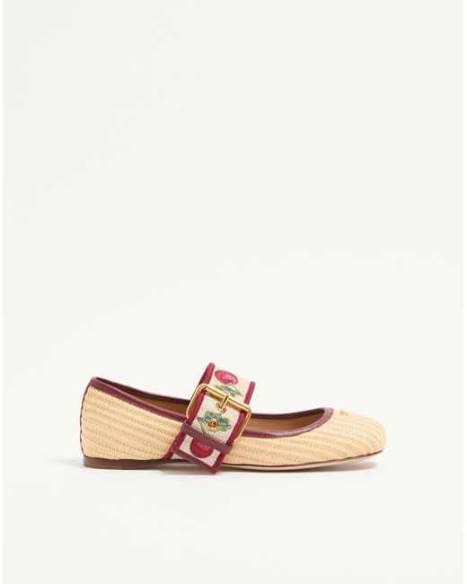 Valentino Garavani Natural Mary-Jane Bribri Raffia Ballerina With Cherryfic Embroidery