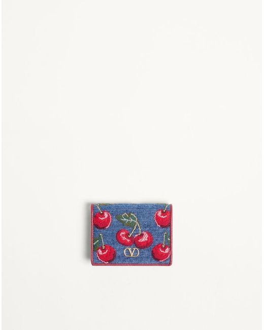 Valentino Garavani White Vlogo Signature Denim Wallet With Cherryfic Embroidery